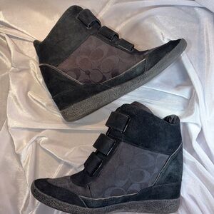 Auth Coach Nell Wedge High-Top Sneakers Black Signature Canvas & Suede Size 8.5